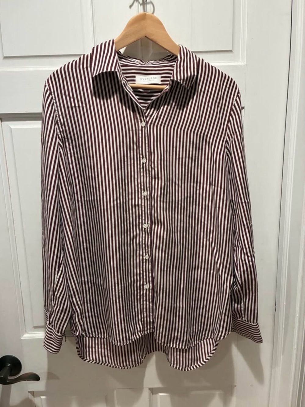 Everlane Burgundy/Brown and White Vertical Stripe Button-Down Shirt